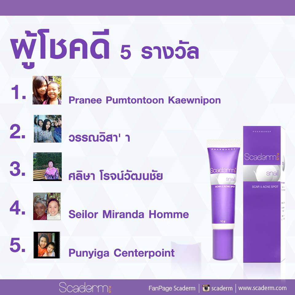 ประกาศรายชื่อผู้โชคดีจากกิจกรรม “แจก Scaderm โฉมให